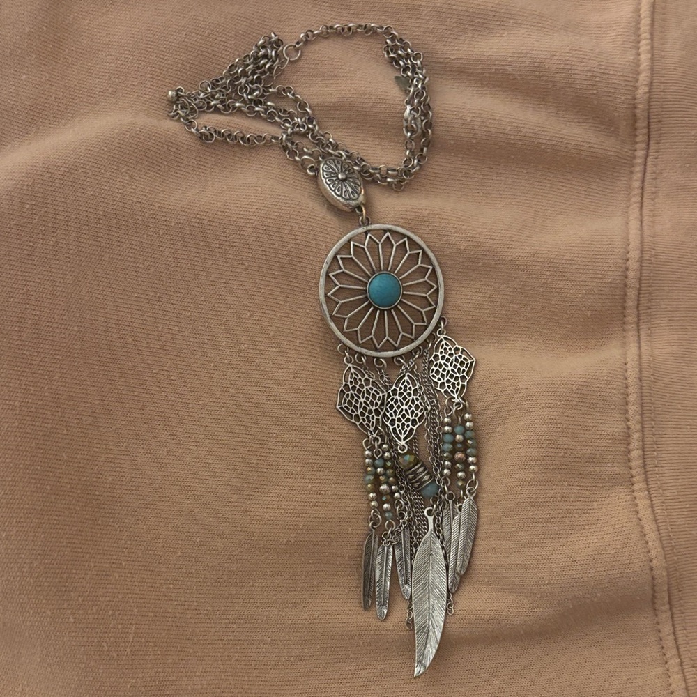 Silver Dreamcatcher Necklace with Turquoise Accent